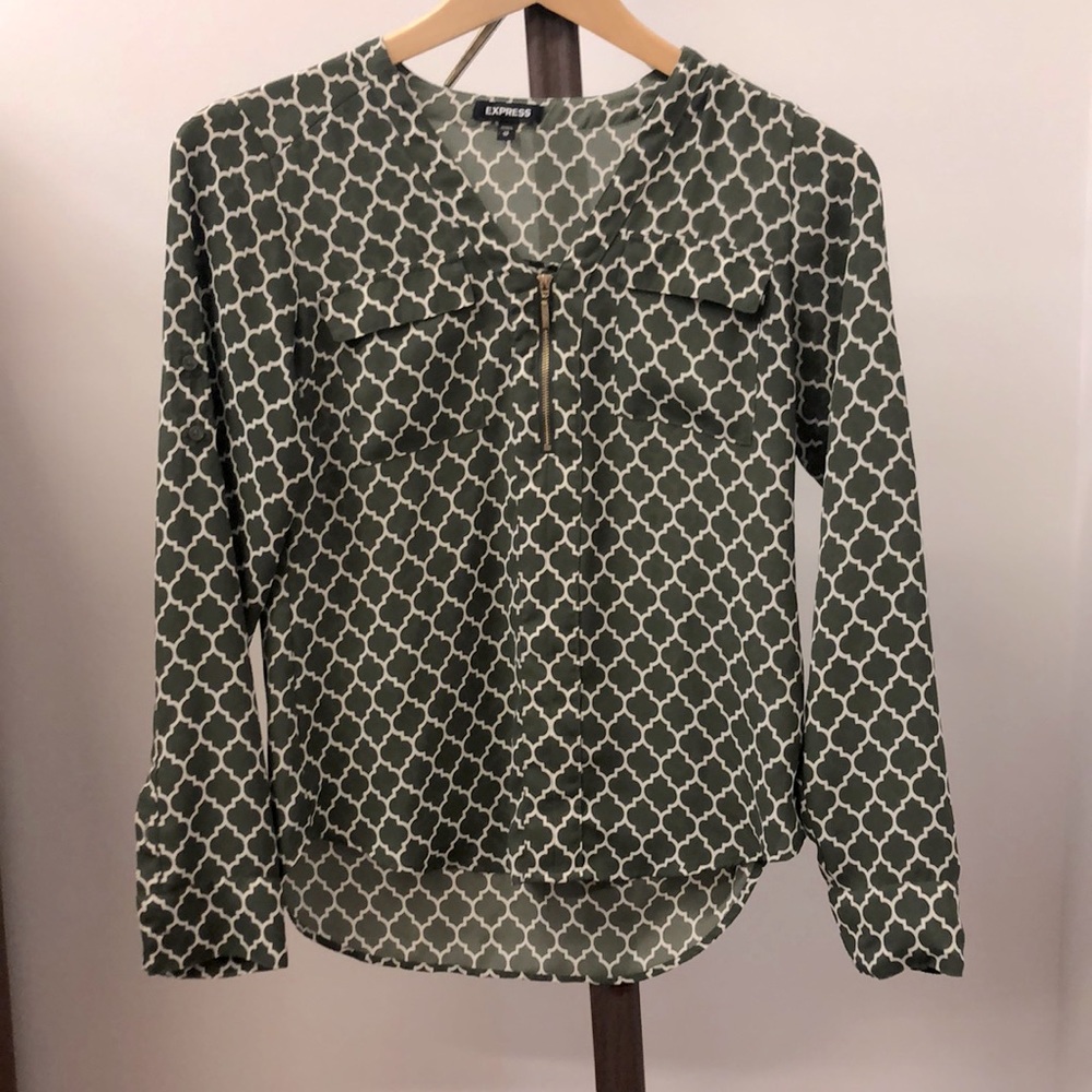 Express Green With White Pattern Long Sleeve Blou… - image 1